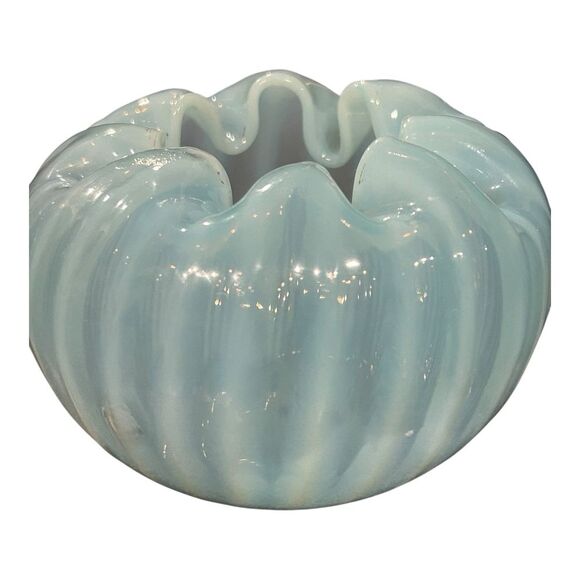 Blue Opalescent Glass Striped Rose Bowl Crimped Top light blue‎